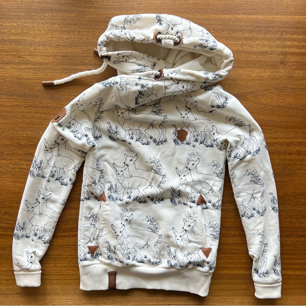 Rare Naketano Cream Hoodie with Blue Deer Print XS